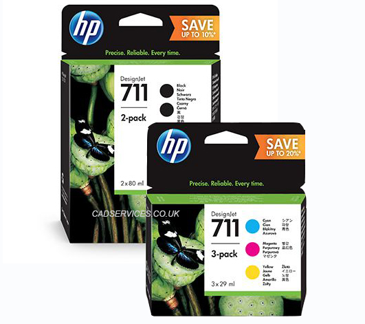 HP 711 T120 T520 T125 T130 T525 T530 Mega Value MultiPack - 2 x 80ml Black  1 x of Each 29ml Colours cartridges
